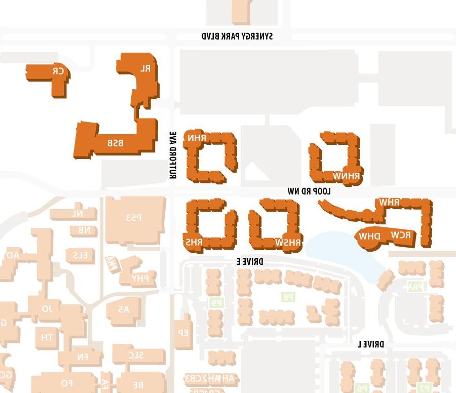 campus map showing exclusion zones - resident halls, NSERL, BSB and Callier Center