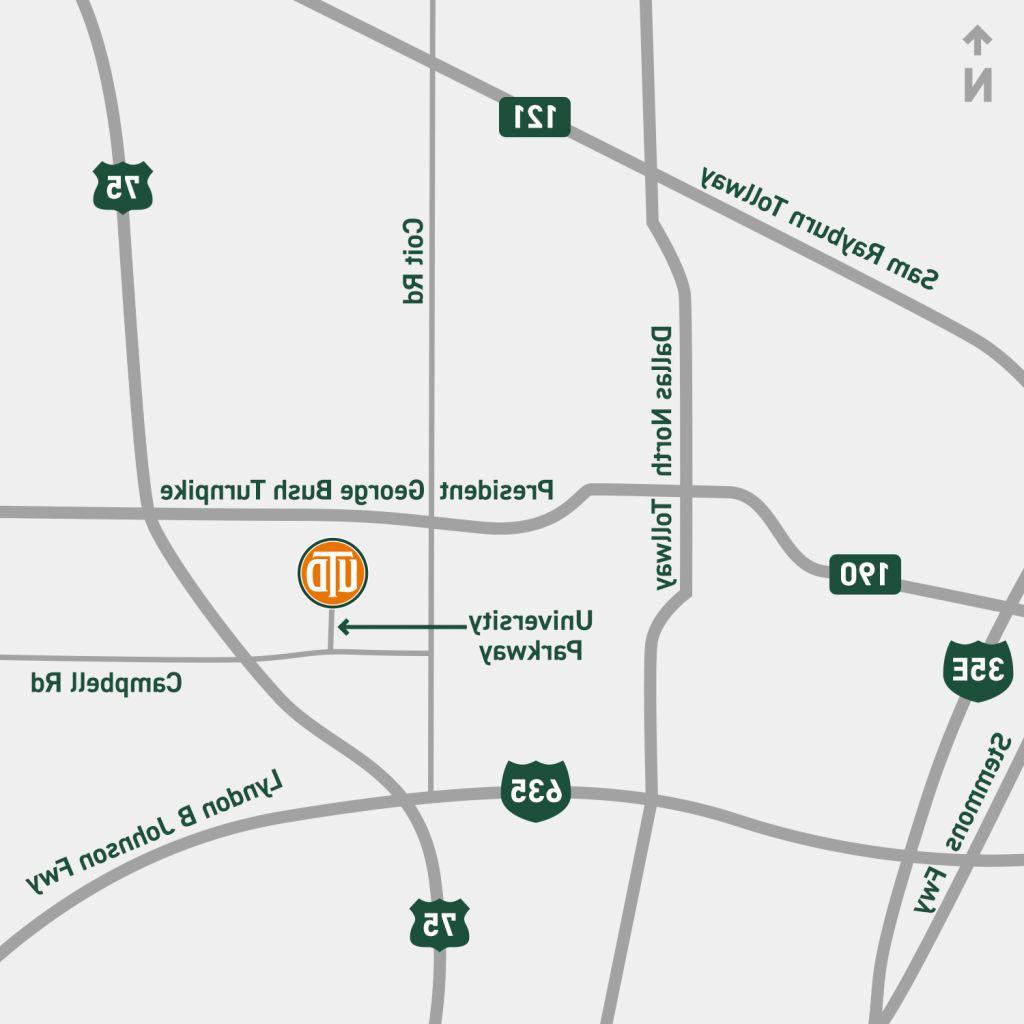 Map of the area and roads surrounding UT Dallas.