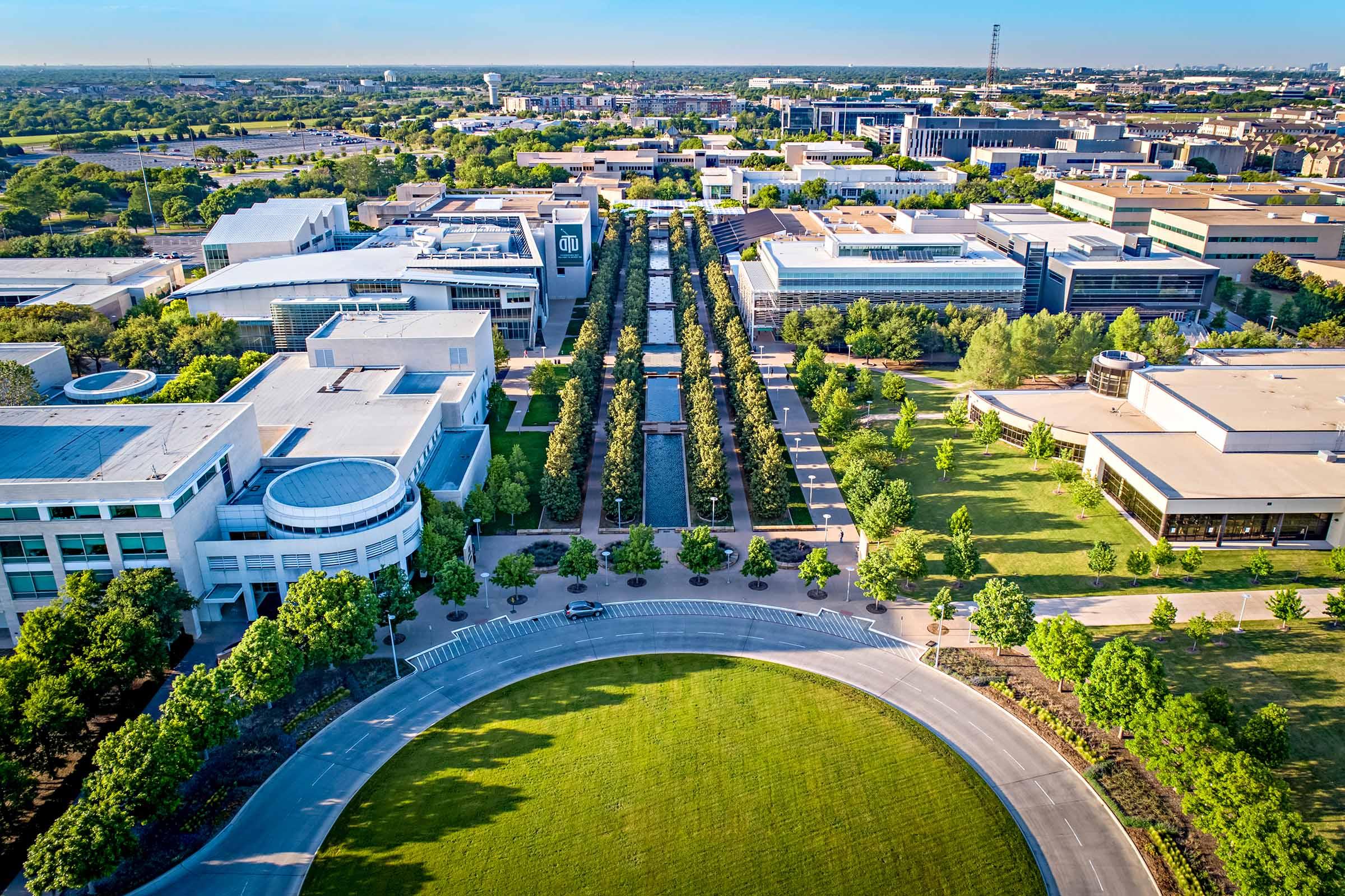 drone shot of UTD campus mall